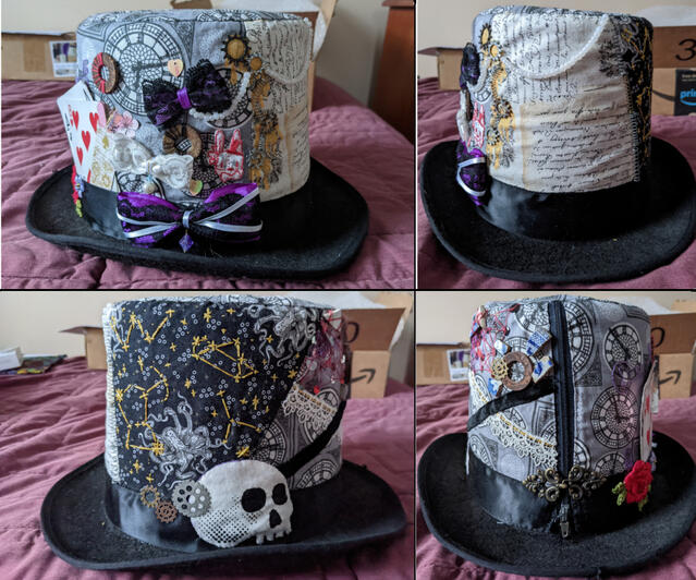 Removable top hat cover made of cotton and found materials