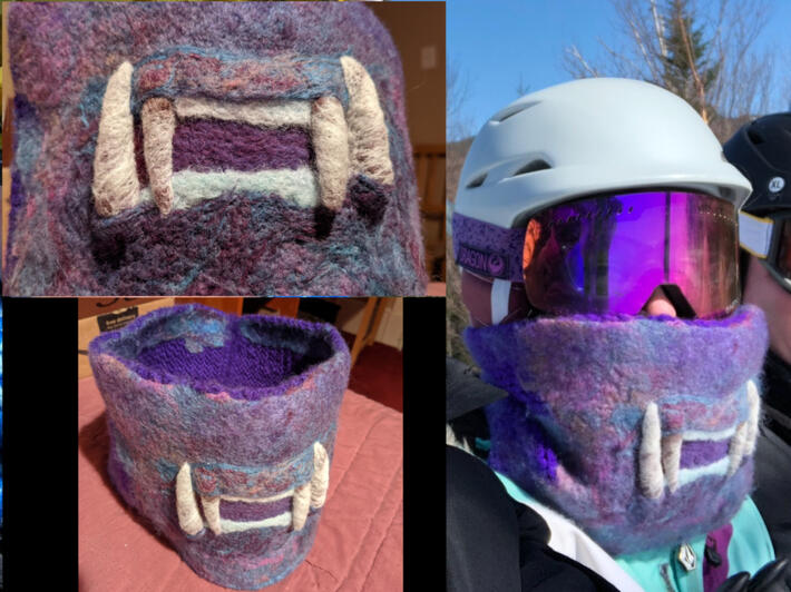 Knit scarf needle felted with an oni mask style mouth