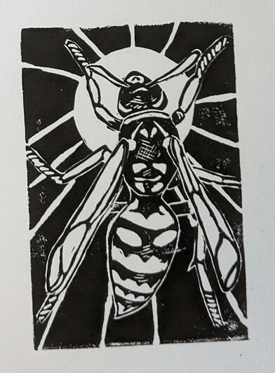 Flight II, wasp linocut