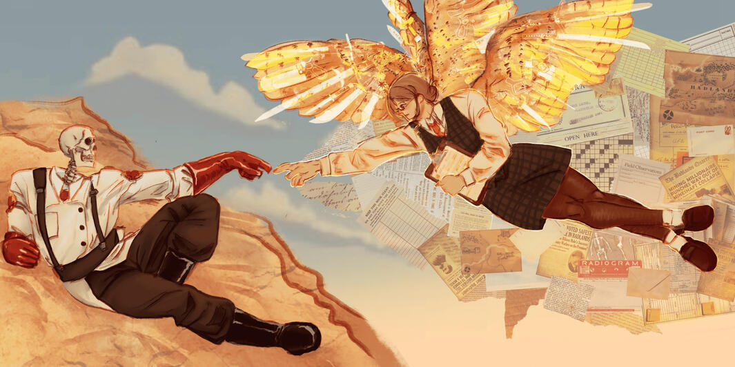 Parody of the creation of adam, digital painting and collage