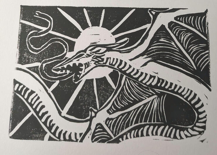 Flight I, dragon linocut