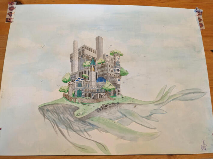 Watercolour painting of a whale with a city on it&#39;s back